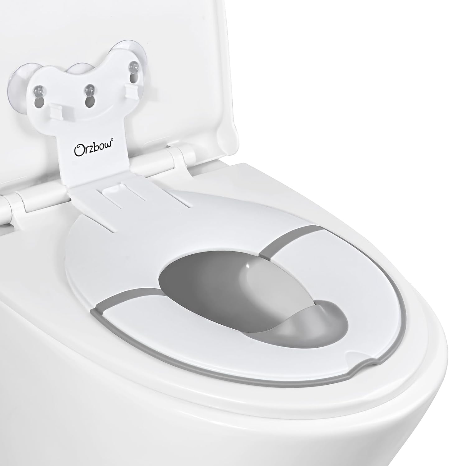 Orzbow Foldable Travel Potty Training Seat front view in white showcasing the compact toddler toilet attachment