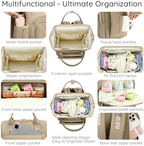 AIJIEKE large baby travel tote bag wide open main compartment showcasing multiple organized pockets
