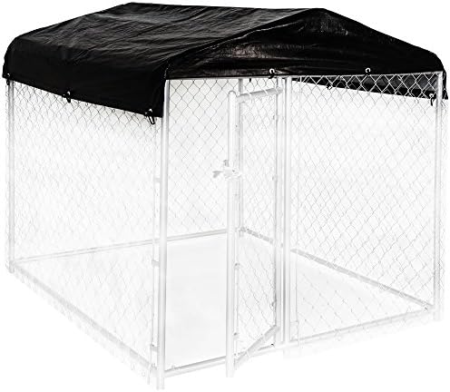 Close up view of the powder coated steel roof frame and waterproof fabric cover on an outdoor kennel.
