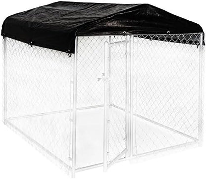 Close up view of the powder coated steel roof frame and waterproof fabric cover on an outdoor kennel.