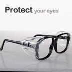 Clear side shields for safety glasses installed on prescription eyewear