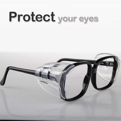Clear side shields for safety glasses installed on prescription eyewear