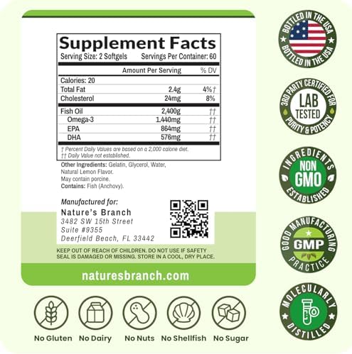 Nature's Branch high potency 2400mg fish oil supplement bottle displaying the detailed nutritional supplement facts panel.