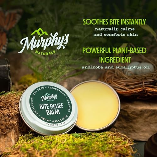 Plant based bug bite soothing balm tin showing natural ingredient labels