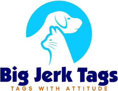 Authentic Big Jerk Custom Products circular pet identification tag attached to a feline collar setup