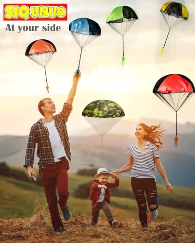 Six colorful nylon parachute men toys laid out in premium shades.