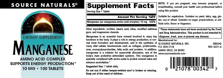 Supplement facts label on Source Naturals Manganese bottle