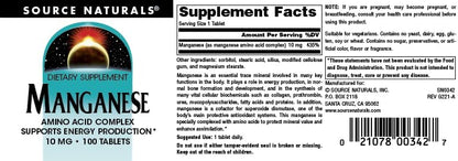 Supplement facts label on Source Naturals Manganese bottle