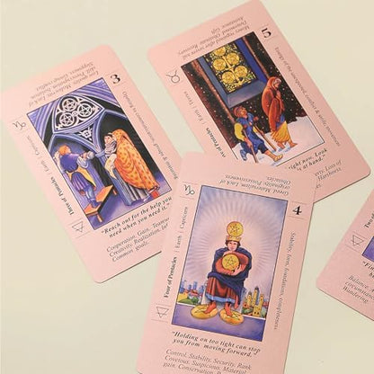 Linsina tarot cards featuring gold foil accents and printed meanings