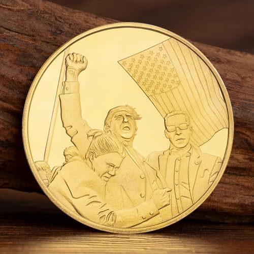 Yvhusk political memorabilia coin displayed on a wooden home decoration shelf