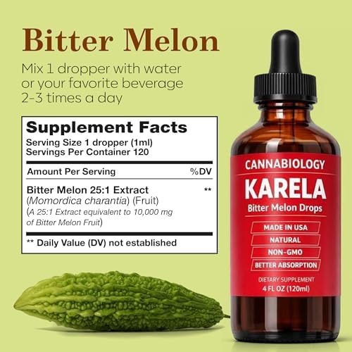Cannabiology bitter gourd dietary supplement dropper bottle showcasing natural liquid extract clarity