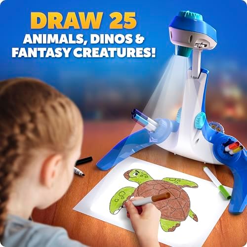 Blue Marble kids image projector kit displaying the nine included colorful markers and four swappable tracing discs.