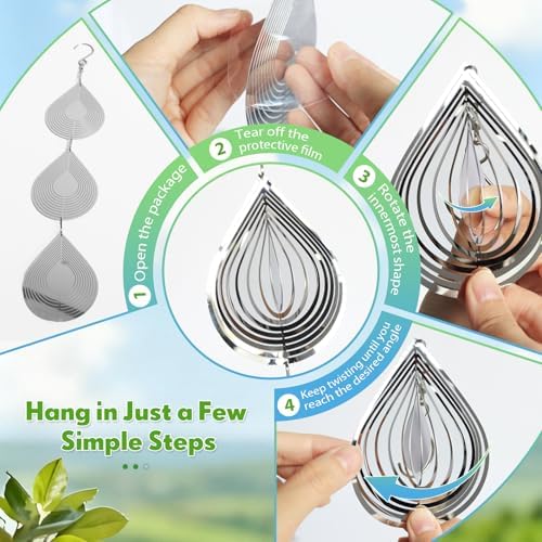 Detailed view of 3D water droplet design on reflective bird spinners