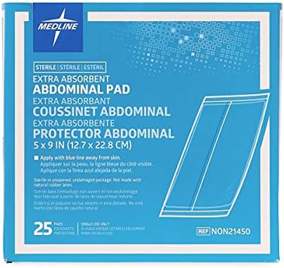 Two packs of twenty five count Medline sterile ABD pads unboxing