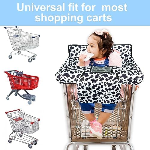 Polovillae cow print cart cover showing toy loops and bottle strap functionality.