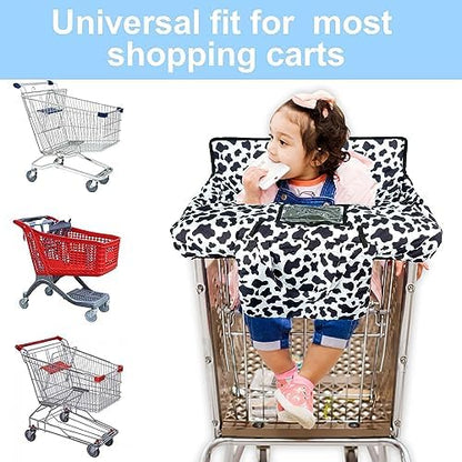 Polovillae cow print cart cover showing toy loops and bottle strap functionality.