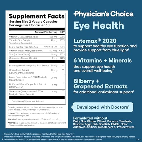 Physicians Choice Eye Health packaging box and bottle lifestyle shot