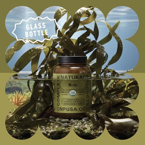 Complete Natural Products 600mg kelp capsules supplement facts and natural iodine ingredients list.