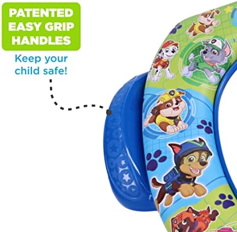 Cushioned toddler toilet trainer seat with patented easy grip safety handles.