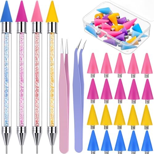 Tatuo dual ended rhinestone picker tool kit front view showing four colorful acrylic dotting pens and replacement wax heads