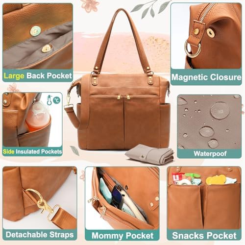 Mominside multi-functional vegan leather bag displayed with the included portable changing pad