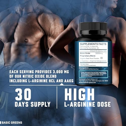 Basic Greens L-Arginine 3000mg ingredient list and features view