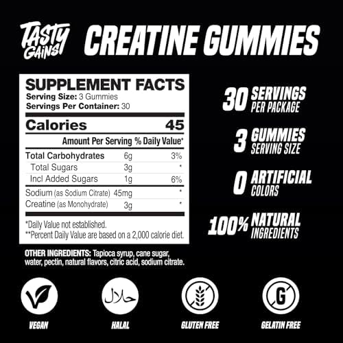 Tasty Gains Creatine Gummies ingredients and dietary information