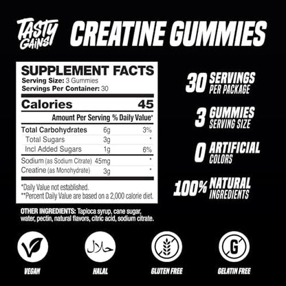 Tasty Gains Creatine Gummies nutritional information label