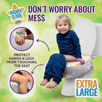 Toddler using a public restroom safely with the extra large hygienic toilet cover extending down the front.
