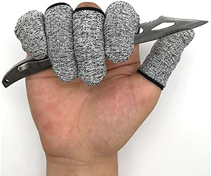Twelve pieces of level five cut resistant finger guards arranged on a white background.