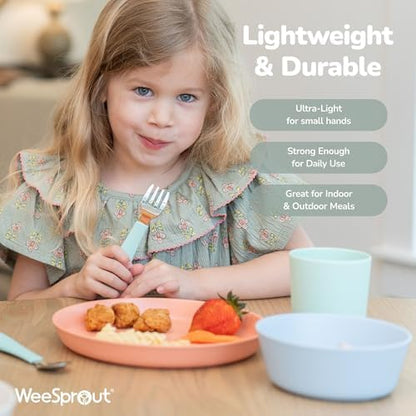 Top view of WeeSprout bamboo plate set in pink green gray and beige