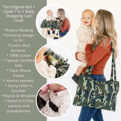 Ash + Clyde cotton grocery cart seat cover folded into a compact portable crossbody travel bag