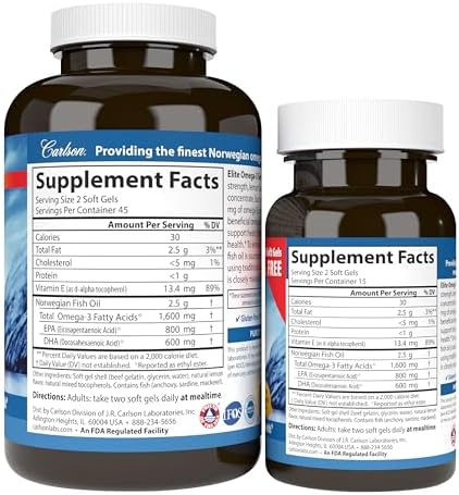 Carlson Elite Omega 3 Gems side label illustrating detailed nutritional facts and dosage instructions