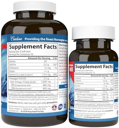 Carlson Elite Omega 3 Gems side label illustrating detailed nutritional facts and dosage instructions