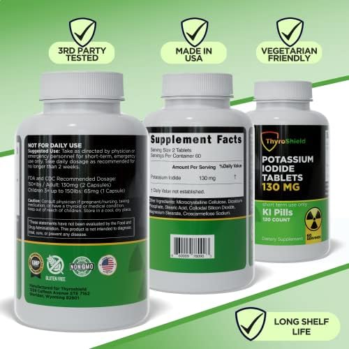 ThyroShield 130 milligram potassium iodide emergency tablets container showing seal and safety cap.