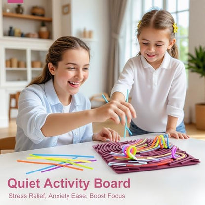 Yisryerow Sensory Activity Board packed neatly inside its storage drawstring pouch showing its travel friendly and portable design