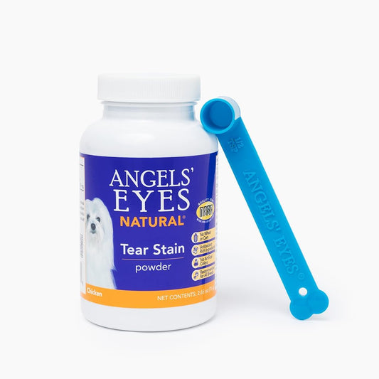 Angels' Eyes Natural Tear Stain Prevention Chicken Powder front view of the packaging container.