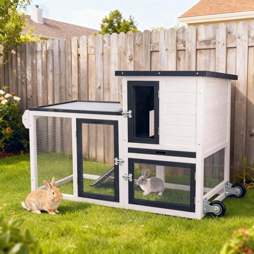 Rabbit Hutch Indoor Outdoor Bunny Cage, Weather Resistant Openable Roof, Slide Out Tray, Handle & Rolling Wheels, Chicken Coop, 48.05" L x 26.02" W x 34.3" H, White - Image 3