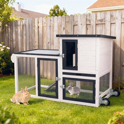 Rabbit Hutch Indoor Outdoor Bunny Cage, Weather Resistant Openable Roof, Slide Out Tray, Handle & Rolling Wheels, Chicken Coop, 48.05" L x 26.02" W x 34.3" H, White - Image 3