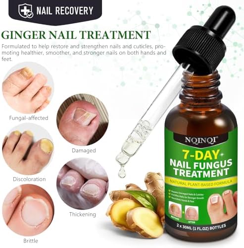 Ginger nail growth serum being applied to a damaged toenail for repair.