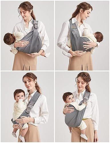Breathable cotton infant sling holder demonstrating the ergonomic hip positioning for a newborn baby.