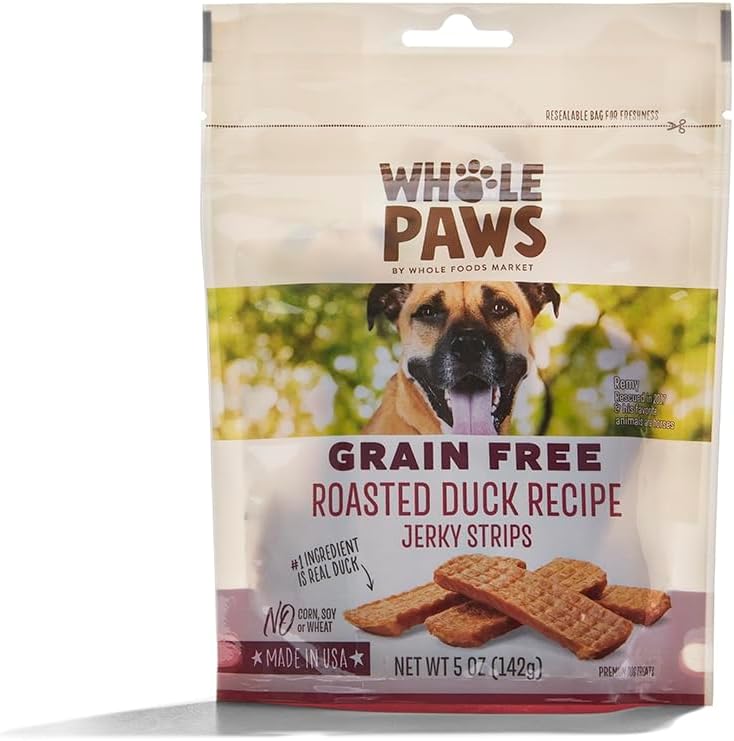 Dog treat bag showing grain-free chicken recipe details