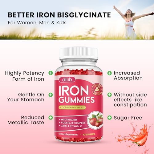 Dilib 60 count iron gummies label displaying vegan and sugar free multivitamin facts