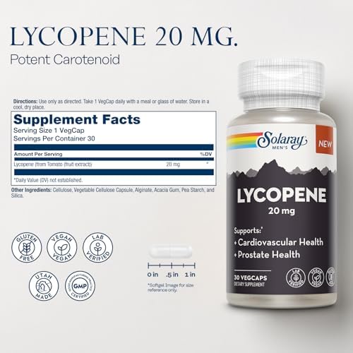 Solaray Lycopene 20mg supplement side panel showing vegan and gluten free labels