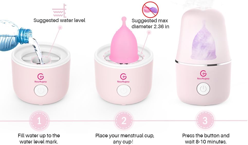 Rosa Rugosa portable steamer drying and storing a silicone menstrual cup.