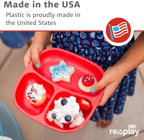 Stack of Re Play divided plates for toddlers showing space saving feature