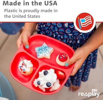 Stack of Re Play divided plates for toddlers showing space saving feature