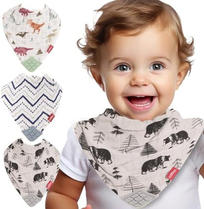 Reversible cotton muslin bibs with textured teething corner