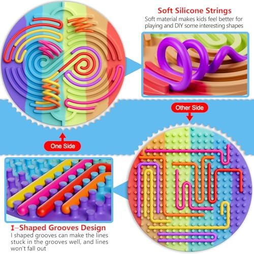 Spkwis autism sensory toy highlighting the colorful sliding strings and flexible material close up.