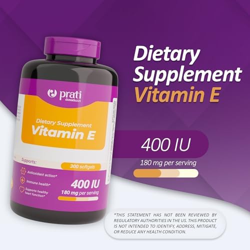 Prati Donaduzzi Vitamin E supplement packaging showing nutritional facts label and 400 IU dosage